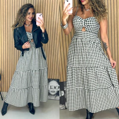 Vestido Midi Alças Recorte Busto Elda Xadrez - comprar online