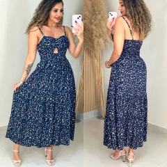 Vestido Midi Recorte Busto Elda Azul M. c/ Branco - comprar online