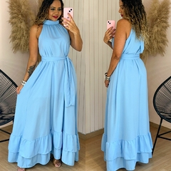 Vestido Longo Gola Alta c/ Faixa Alessandra Azul