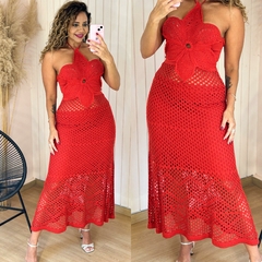 Vestido Tricot Frente Única Flor Vermelho