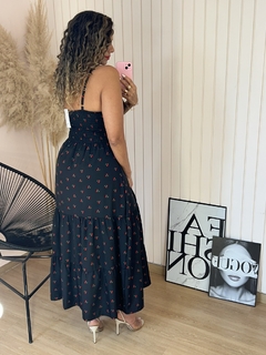 Vestido Midi Alças Recorte Busto Elda Preto Cereja - Rosa Store Moda Feminina