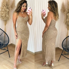 Vestido Tricot Longo c/ Fenda Pryscila Bege Lurex - comprar online