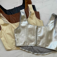 Cropped Corset Couro Alça Larga Prata - comprar online