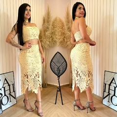 Conjunto Cropped e Saia Guipir Yarlla Bege - comprar online