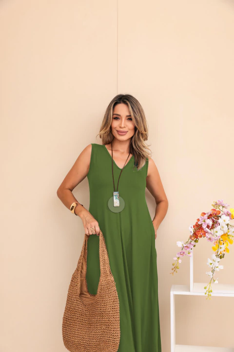 vestido midi regata gola v - verde militar