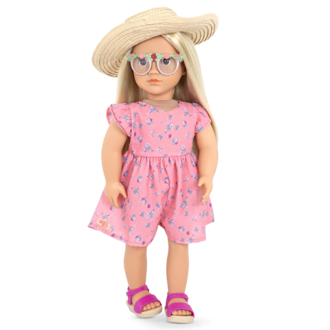 Muñeca Dahlia con vestido floreado y sombrero de sol