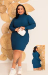 Vestido Azul Petróleo Plus Size Gola Manga Longa