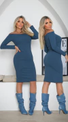 Vestido AZUL PETRÓLEO manga longa ombro a ombro