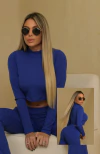 Cropped AZUL BIC Canelado POWER Gola Manga Longa