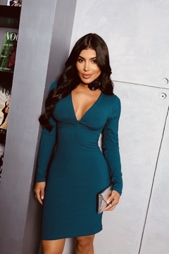 Vestido Verde Jade Decote Nó Manga Longa - comprar online