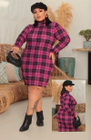 Vestido XADREZ Fucsia Plus Size Gola Manga Longa