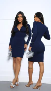 Vestido Marinho Decote Nó Manga Longa