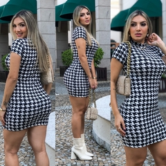 Vestido PIED DE POULE gola alta com manguinha