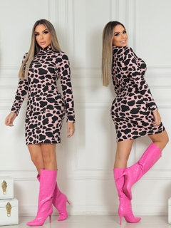 Vestido Vaquinha Rosa manga longa gola alta