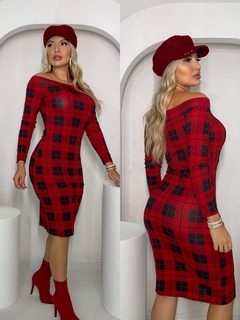 Vestido XADREZ Vermelho manga longa ombro a ombro