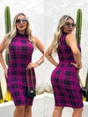 Vestido XADREZ Fucsia midi gola sem manga
