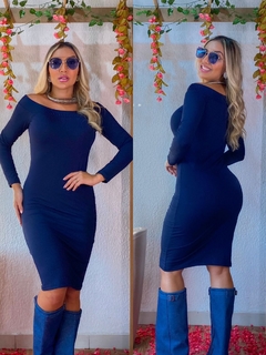 Vestido AZUL MARINHO midi manga longa ombro a ombro - comprar online
