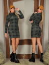Vestido XADREZ Verde Militar manga longa gola alta