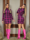 Vestido XADREZ Fucsia manga longa gola alta