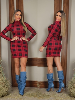 Vestido XADREZ Vermelho manga longa gola alta