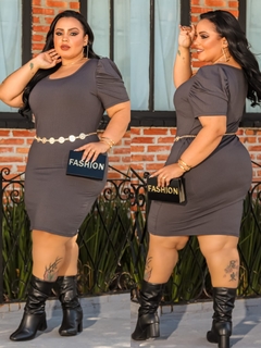 Vestido Plus Size Chumbo Manga Bufante