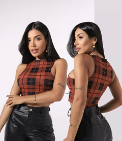 Cropped SARAH Xadrez Terra Cota
