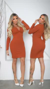 Vestido Terra Cota Decote Nó Manga Longa