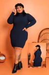 Vestido Azul Marinho Plus Size Gola Manga Longa