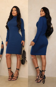 Vestido AZUL PETRÓLEO manga longa gola alta