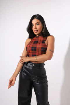 Cropped SARAH Xadrez Terra Cota - GGS Modas