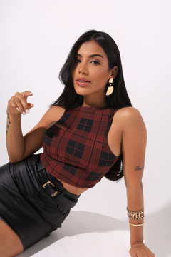 Cropped SARAH Xadrez Marsala - comprar online