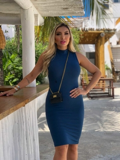 Vestido AZUL PETRÓLEO midi gola sem manga - comprar online