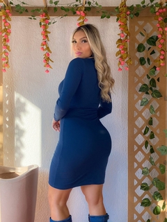 Vestido AZUL PETRÓLEO manga longa gola alta - comprar online