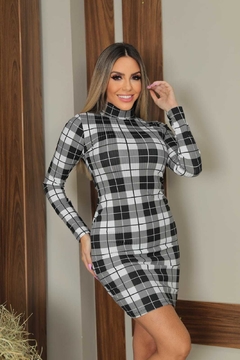 Vestido XADREZ Cinza/Branco manga longa gola alta - comprar online