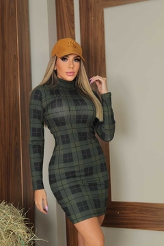 Vestido XADREZ Verde Militar manga longa gola alta - comprar online