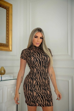 Vestido Zebra Dourada gola alta com manguinha - GGS Modas
