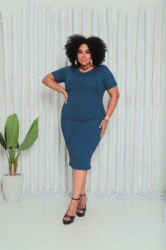 Vestido Azul Petróleo Elegância Plus Size