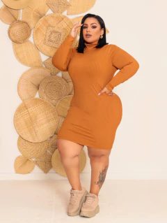 Vestido Caramelo Plus Size Gola Manga Longa na internet