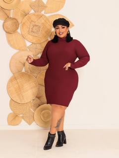 Vestido Marsala Plus Size Gola Manga Longa na internet