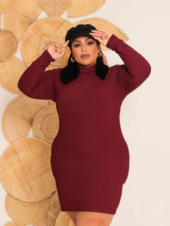 Vestido Marsala Plus Size Gola Manga Longa - comprar online