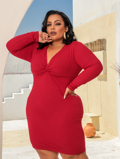 VESTIDO VERMELHO PLUS DECOTE NÓ MANGA LONGA na internet