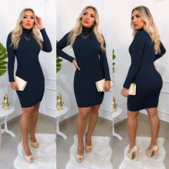 Vestido AZUL PETRÓLEO manga longa gola alta - loja online