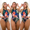 Body maiô cavado azul flor branca