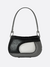 Bolsa baguete preta, confeccionada em couro, couro legítimo, apresentando um design moderno com formas geométricas e uma alça elegante.