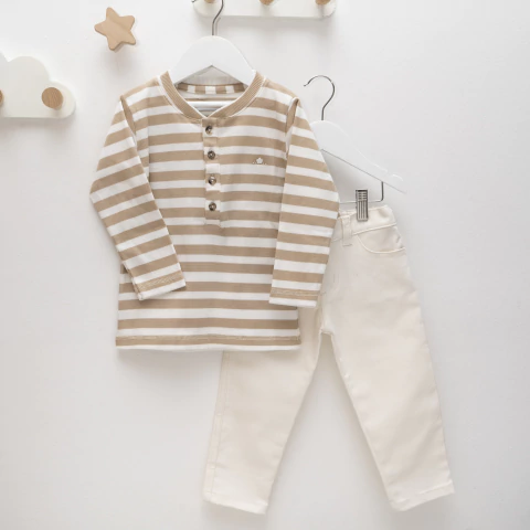 REMERA M/LARGA CUELLO MAO REEB RAYADO BEIGE - comprar online