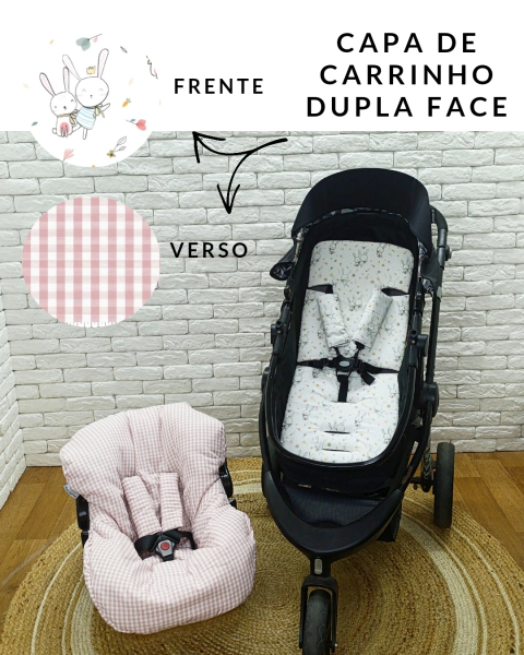 Kit Capa de Carrinho de Bebê + Capa de Bebê Conforto Universal - Coelhinhas + Xadrez Goiaba