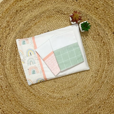 Trio de Fronhas Para Travesseiro - Arco Íris Colorido + Espinha de Peixe Rosa + Grid Pistache
