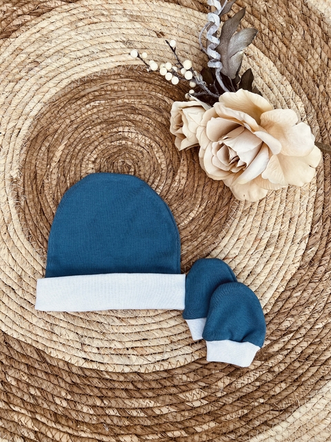Kit Touca e Luvas Para Bebê - Azul Jeans