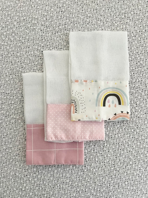 Trio de Boca -Arco Íris Colorido + Poá Rosa + Grid Rosa
