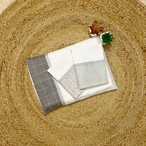Trio de Fronhas Para Travesseiro - Grid Cinza + Espinha de Peixe Cinza + Poá Cinza